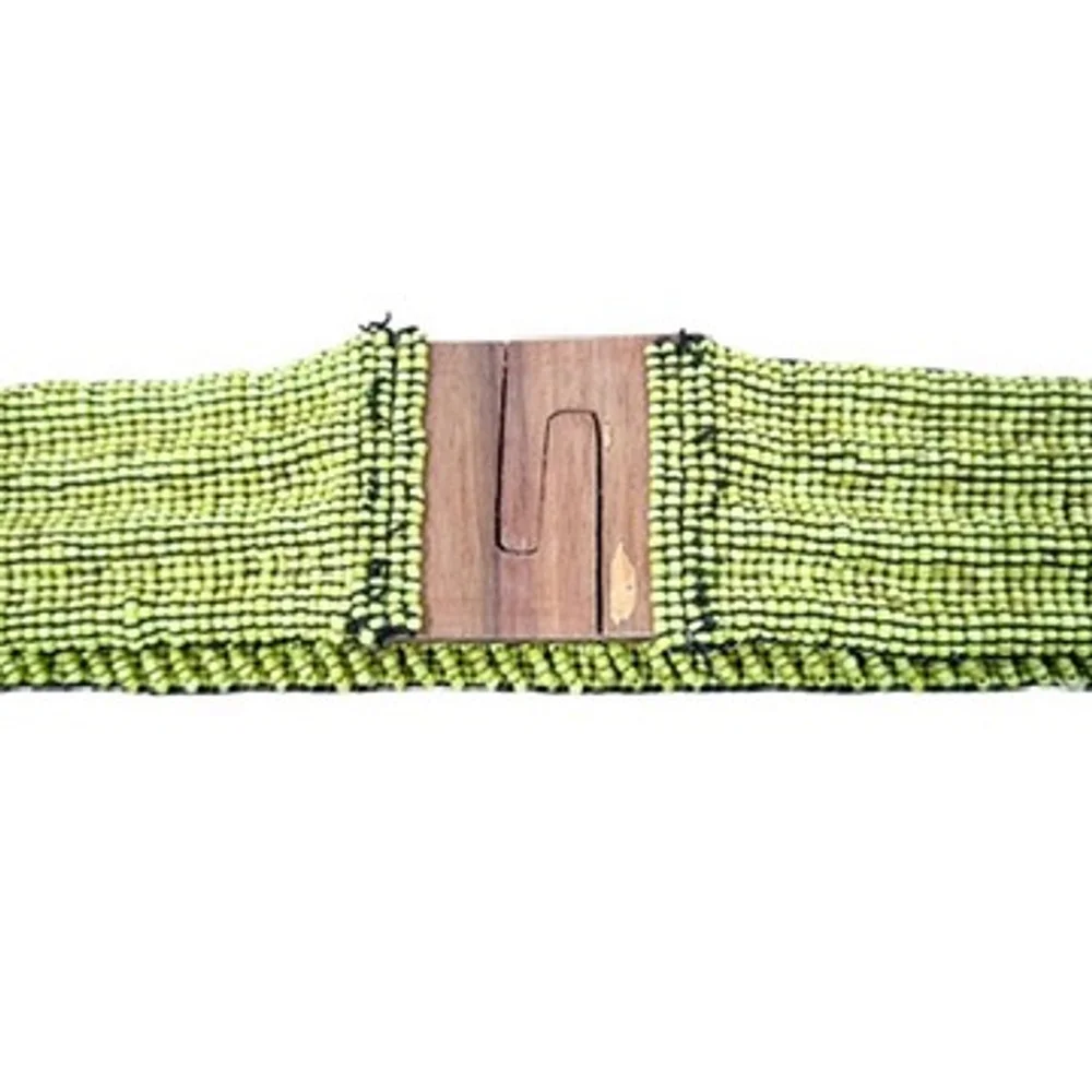 Statement Beaded Lime Green Wide Belt Wood & Mosaic Inlay Buckle Boho Size OS - Picture 9 of 9